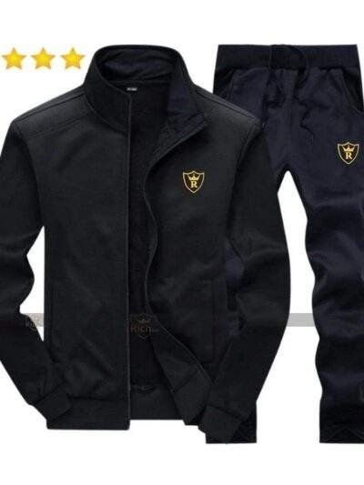 Men's Fleece Track Suit - 2 Pcs - Black - Plain Collar Design