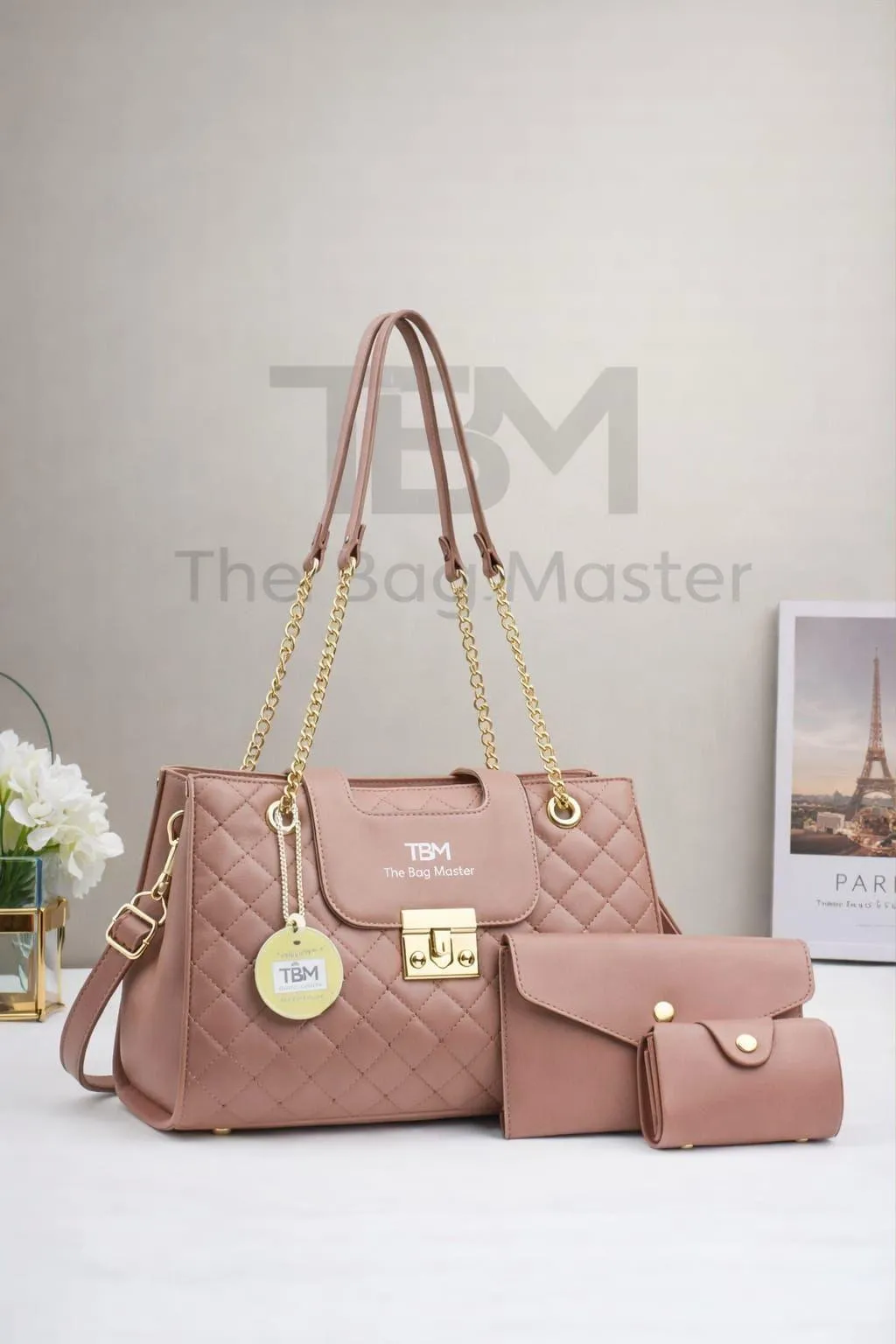 Elegant Quilted Handbag Set – 3 Pcs Luxury Chain Shoulder Bag - Image 3