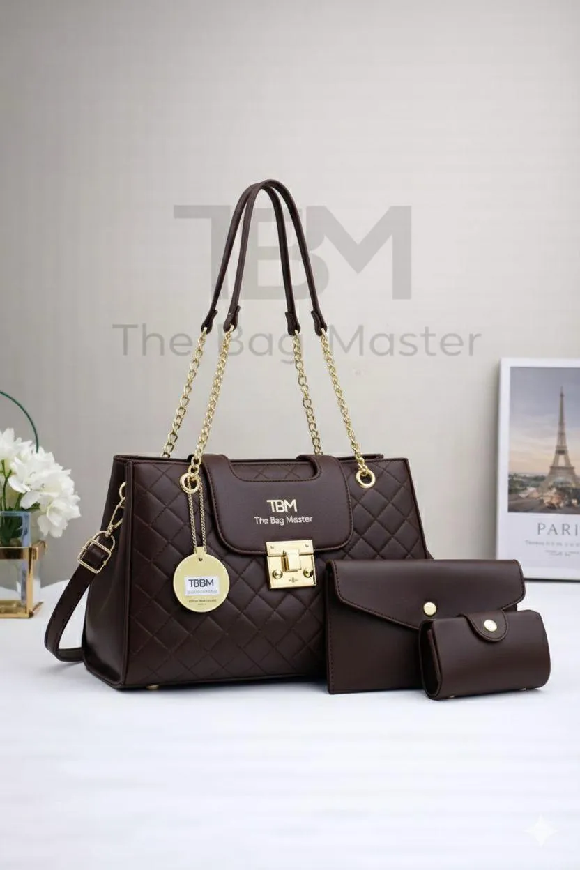 Elegant Quilted Handbag Set – 3 Pcs Luxury Chain Shoulder Bag - Image 4