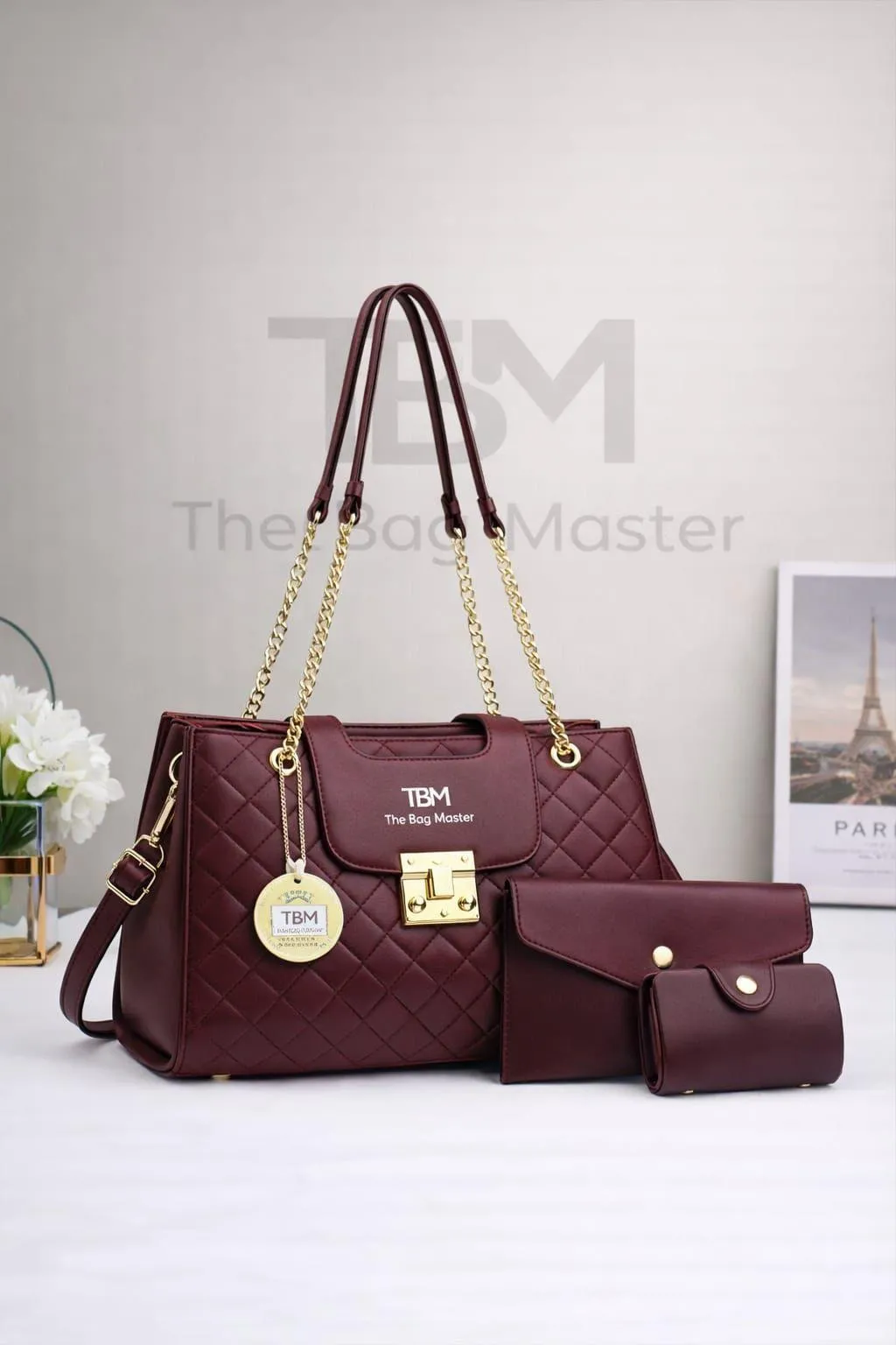Elegant Quilted Handbag Set – 3 Pcs Luxury Chain Shoulder Bag - Image 7
