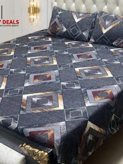 Shopy Deals Luxury Geometric Crystal Cotton Double Bedsheet Set – Gray, Gold & Burgundy
